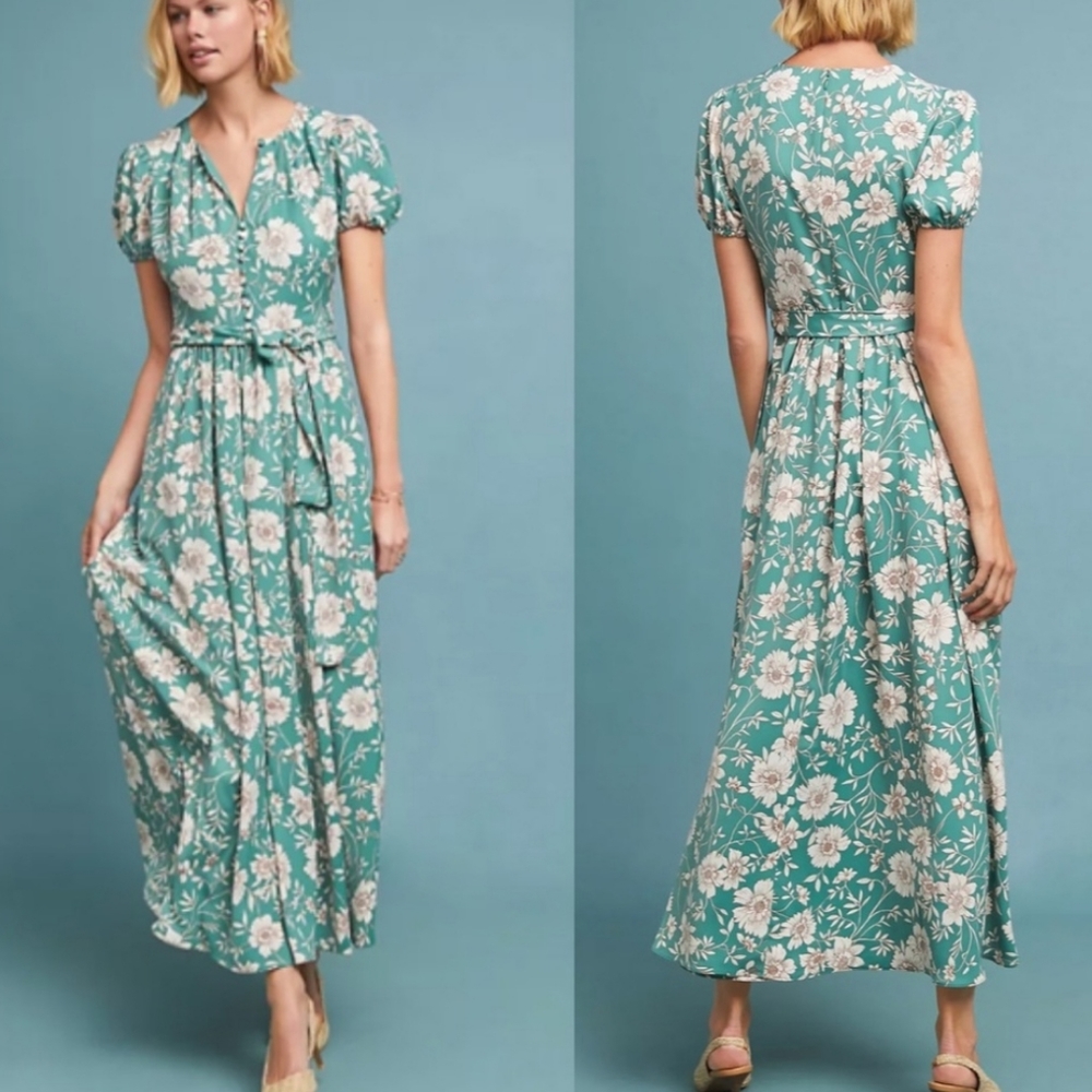 NWT Gal Meets Glam Shannon Seafoam Green Floral Belted Maxi Dress 6